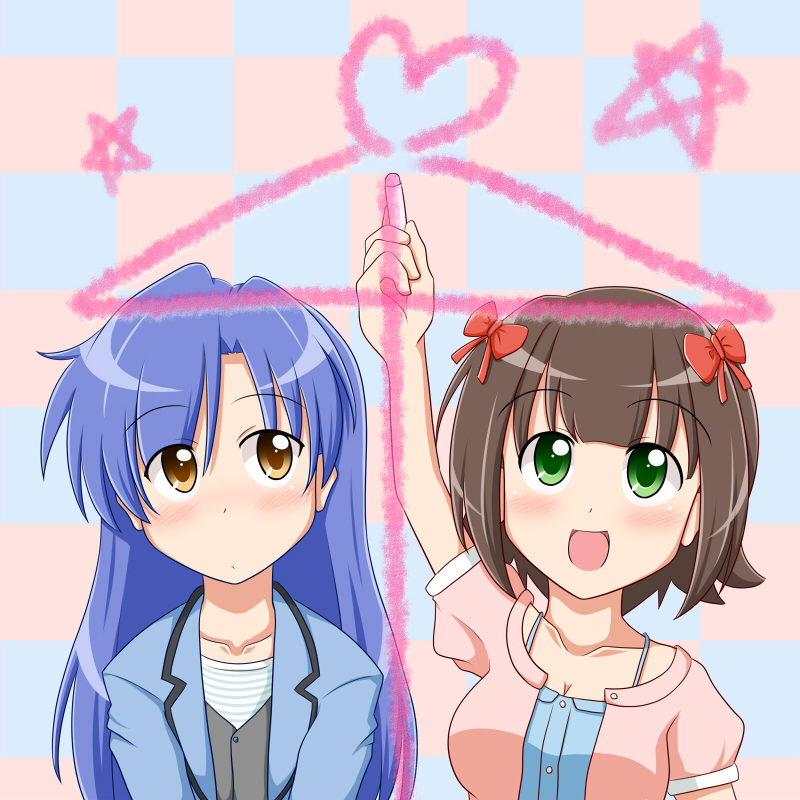 :d ai_ai_gasa amami_haruka blue_hair blush bow brown_eyes brown_hair chalk green_eyes hair_bow hair_ornament idolmaster kisaragi_chihaya long_hair multiple_girls open_mouth smile wagomu17 yuri