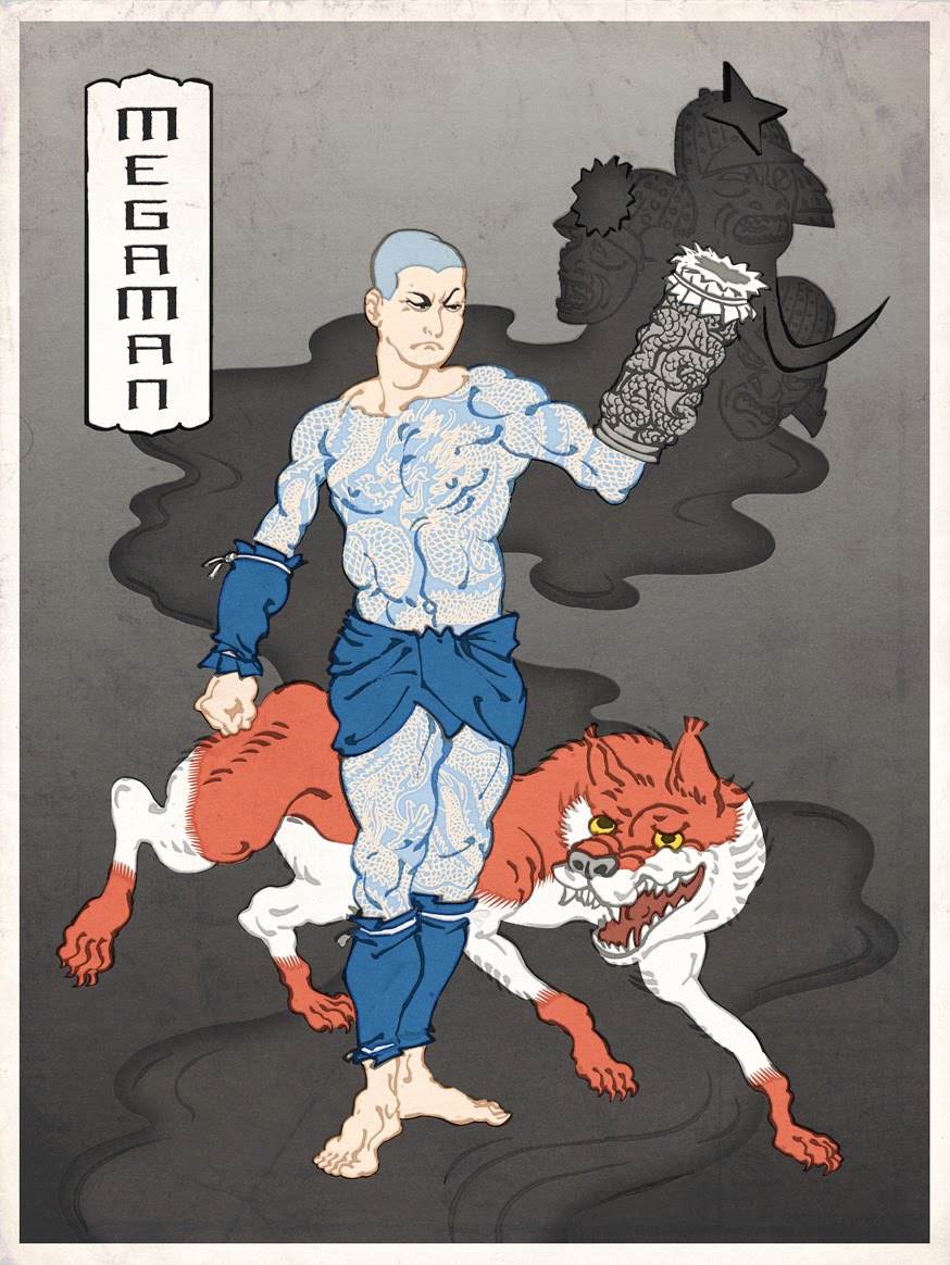 1boy arm_cannon character_name fine_art_parody helmet jed_henry kabuto male metalman muscle nihonga parody quickman rockman rockman_(character) rockman_(classic) samurai solo tattoo ukiyo-e weapon