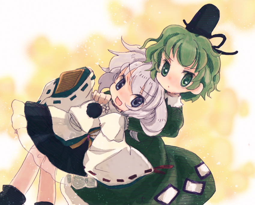 biyon blue_eyes dress green_dress green_eyes green_hair hand_on_shoulder hat japanese_clothes kariginu long_hair mononobe_no_futo multiple_girls pom_pom_(clothes) ponytail short_hair silver_hair skirt soga_no_tojiko tate_eboshi touhou