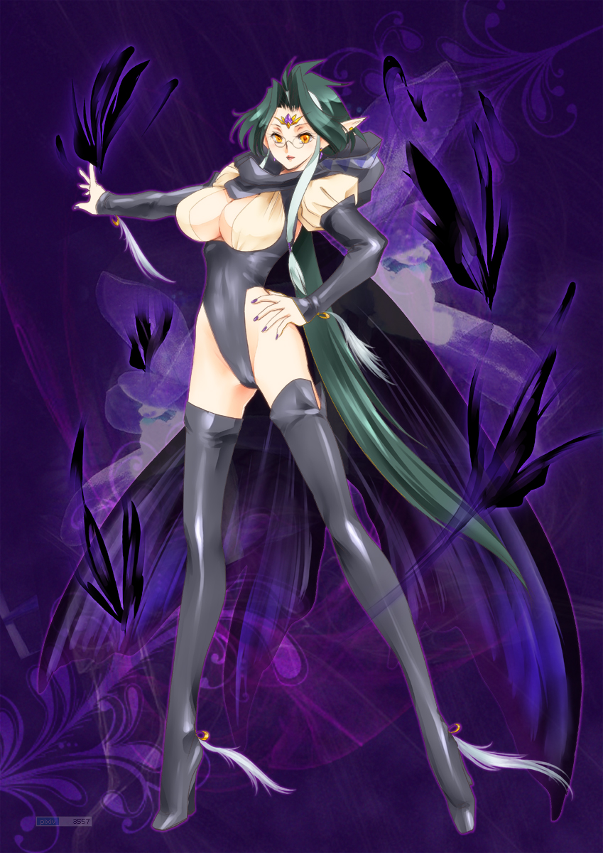 boots breasts cleavage cleavage_cutout glasses green_hair highleg highleg_leotard highres legs leotard pixiv_fantasia pixiv_fantasia_sword_regalia pointy_ears solo thigh-highs thigh_boots thighhighs yagisaka_seto yellow_eyes