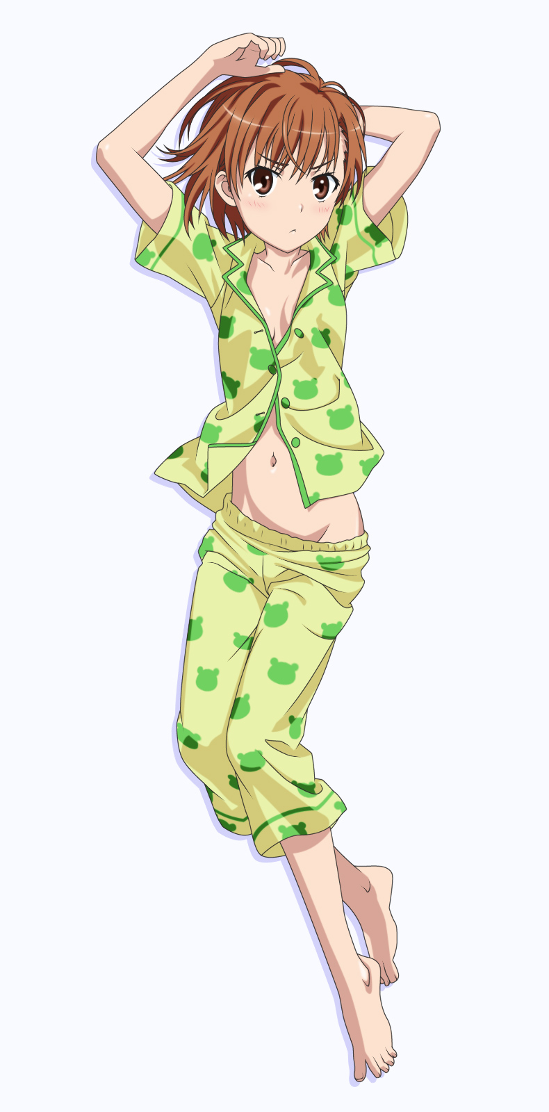 arms_up barefoot blush brown_eyes brown_hair full_body highres misaka_mikoto mound_of_venus navel no_bra no_panties pajamas short_hair smile_(rz) solo to_aru_kagaku_no_railgun to_aru_majutsu_no_index