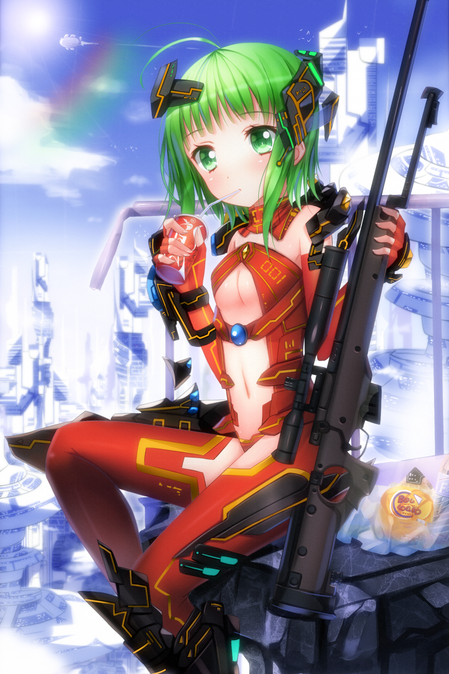 ahoge bad_id blush bodysuit bolt_action cup green_eyes green_hair gun highres holding l96 mecha_musume navel original rifle sitting sniper_rifle solo straw sunbeam sunlight swordsouls weapon