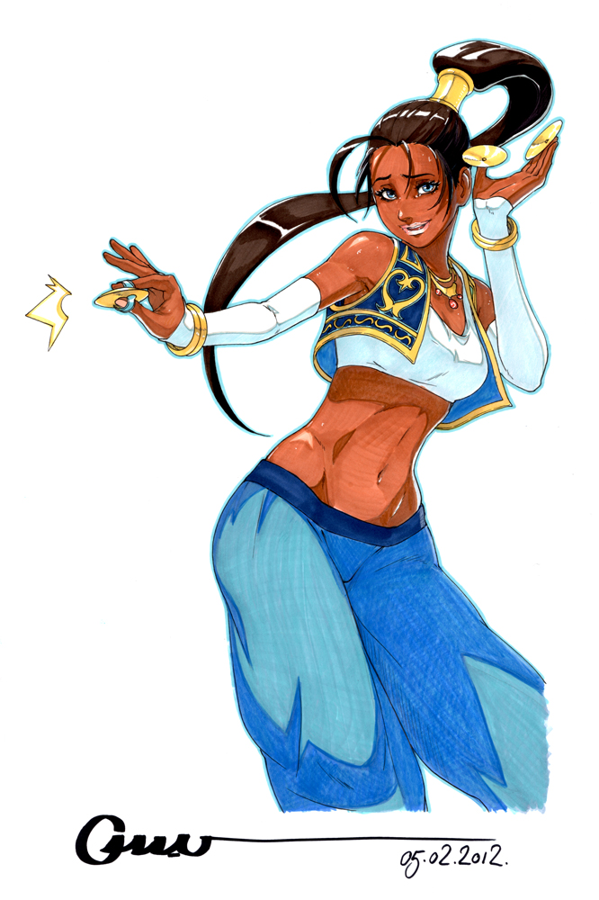 arabian_clothes belly_dancer blue_eyes brown_hair dark_skin dated finger_cymbals hair_ornament jewelry lips long_hair marker_(medium) midriff navel necklace omar_dogan ponytail pullum_purna signature solo street_fighter street_fighter_ex tank_top traditional_media vest
