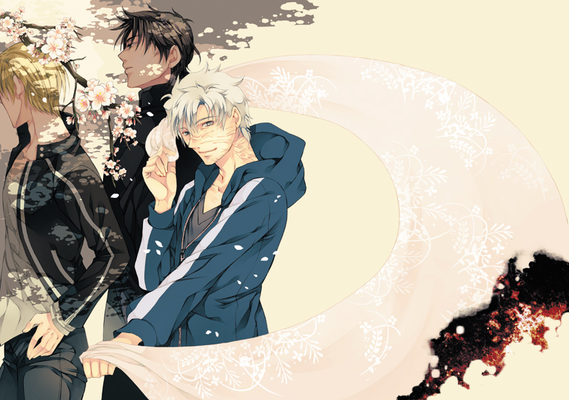bad_id black_eyes black_hair blonde_hair cape cherry_blossoms fate/stay_night fate/zero fate_(series) flower gilgamesh hoodie kotomine_kirei male matou_kariya multiple_boys nishi_juuji tree white_hair
