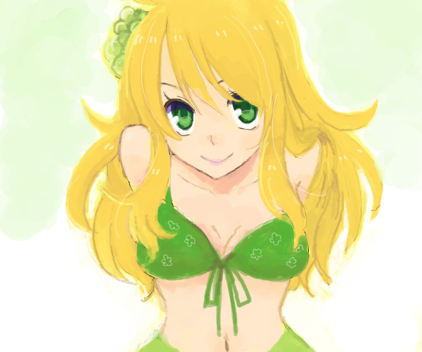 bikini_top blonde_hair breasts flower green_eyes hair_flower hair_ornament hoshii_miki idolmaster long_hair navel smile solo tonoca_m