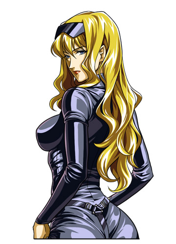 blonde_hair blue_eyes bodysuit cowboy_bebop julia_(cowboy_bebop) lipstick long_hair looking_back lowres makeup mayumio88 simple_background solo wavy_hair white_background