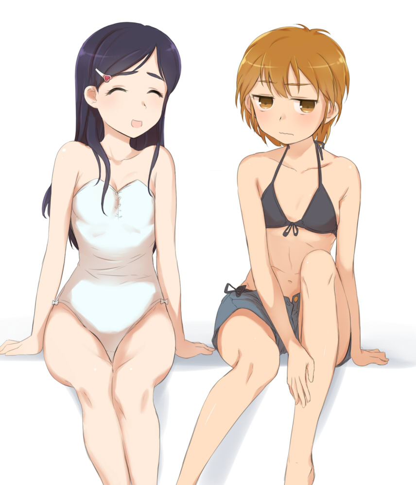 :d ^_^ bikini black_hair blush brown_eyes brown_hair closed_eyes eyes_closed futari_wa_precure hair_ornament hairclip long_hair minazuki_randoseru misumi_nagisa multiple_girls navel open_mouth precure shorts sitting smile swimsuit yukishiro_honoka