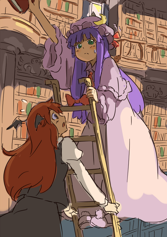 bat_wings black_wings book bookshelf crescent green_eyes hat head_wings koakuma ladder long_hair multiple_girls patchouli_knowledge purple_hair red_eyes red_hair redhead shiba_murashouji sketch touhou wings