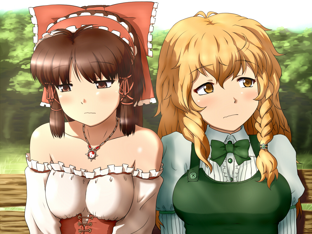 alternate_costume bare_shoulders blonde_hair blush bow braid breasts brown_eyes brown_hair bust buttons hair_bow hair_ribbon hairband hakurei_reimu jewelry kirisame_marisa long_hair multiple_girls necklace no_hat no_headwear ribbon shirosato single_braid strapless touhou