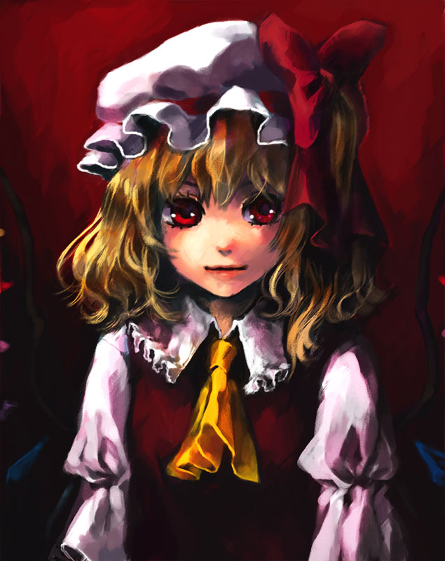 ascot blonde_hair bow bust faux_traditional_media flandre_scarlet hair_bow hat kayako_(tdxxxk) light_smile lips portrait red_eyes side_ponytail solo touhou
