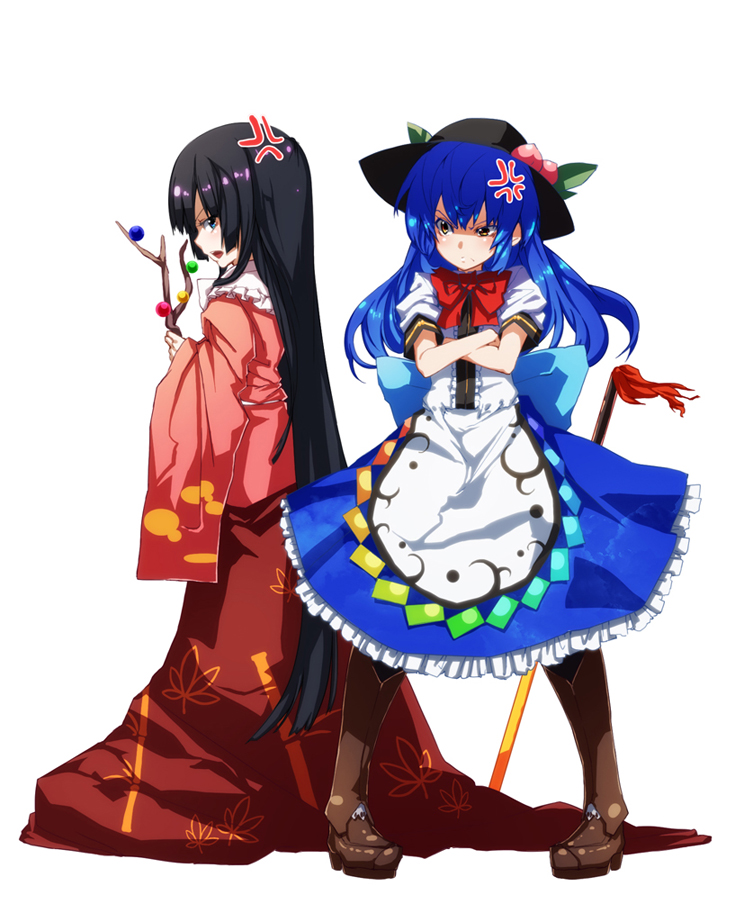 anger_vein black_hair blue_eyes blue_hair boots branch brown_eyes crossed_arms hat hinanawi_tenshi houraisan_kaguya jeweled_branch_of_hourai long_hair multiple_girls open_mouth profile ruuto_(sorufu) simple_background skirt sorufu sword_of_hisou touhou very_long_hair white_background