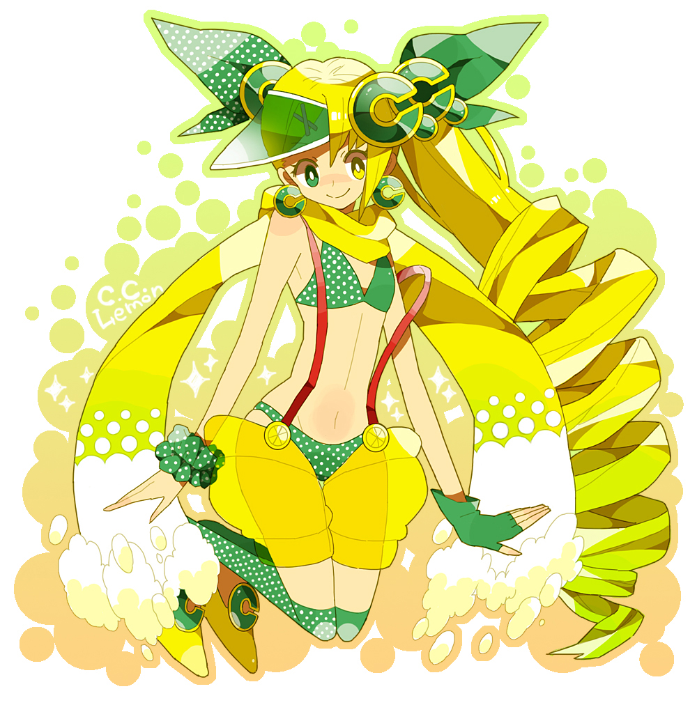bikini blonde_hair bow c.c._lemon c.c._lemon_(character) drill_hair earrings fingerless_gloves floaties gloves gradient_hair green_bikini green_eyes green_legwear hair_bow hair_ornament hairclip heterochromia jewelry kneeling long_hair looking_at_viewer mochi730 multicolored_hair navel polka_dot polka_dot_bikini polka_dot_legwear polka_dot_swimsuit ponytail scarf scrunchie side_ponytail simple_background single_glove solo suspenders swimsuit thigh-highs thighhighs very_long_hair visor_cap white_background yellow_eyes
