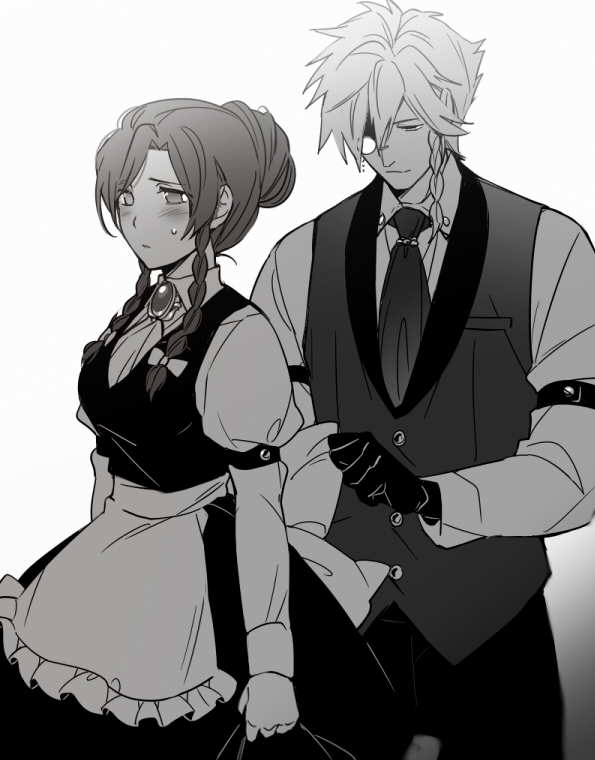 1girl alternate_costume alternate_hairstyle apron blush braid butler buttons chikage_(kinokodou) cravat enmaided gem genderswap gloves gradient gradient_background hair_bun hair_over_one_eye hair_ribbon hong_meiling izayoi_sakuya maid monochrome monocle pants ribbon short_hair side_braid simple_background smile touhou twin_braids waist_apron