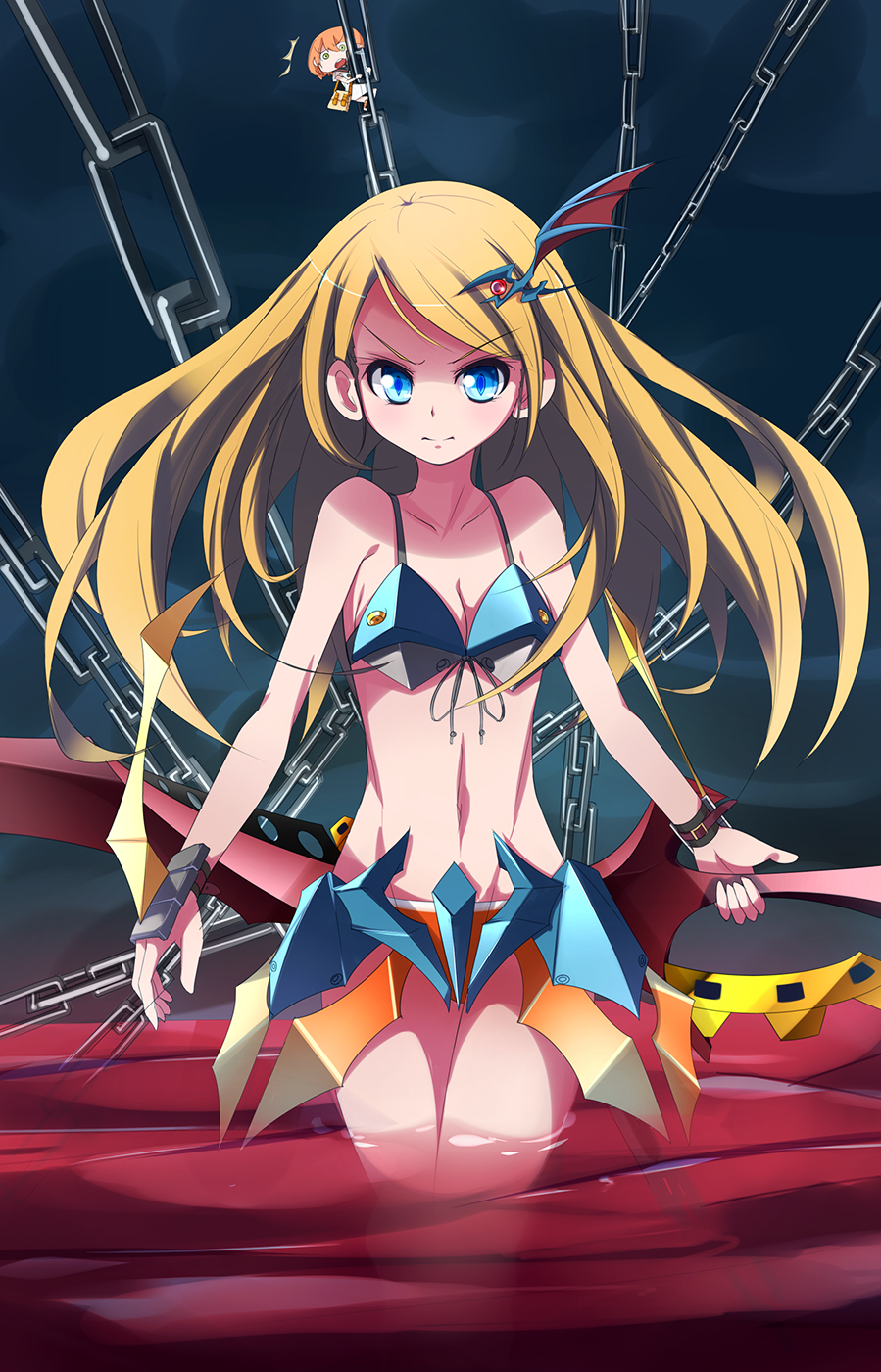 bare_shoulders bikini blonde_hair blue_eyes chain chains character_request green_eyes hair_ornament highres imperial_(sekaiju) medic_(sekaiju) navel orange_hair partially_submerged scarlethips sekaiju_no_meikyuu sekaiju_no_meikyuu_4 swimsuit