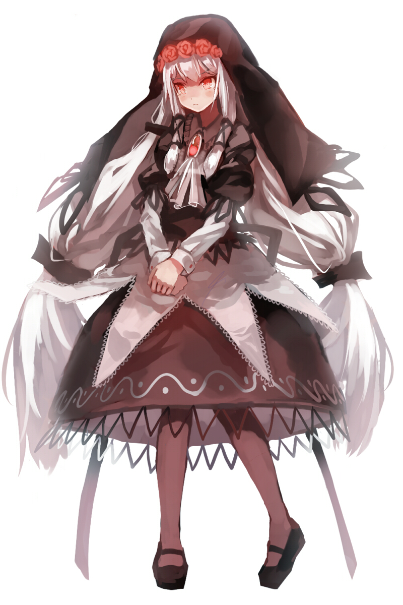 apron bow brooch brown_legwear cravat flower habit hair_bow hair_tubes hands_together highres jewelry long_hair low_twintails original pantyhose puffy_sleeves r04315 red_eyes red_rose rose silver_hair simple_background skirt skirt_set solo twintails very_long_hair waist_apron white_background