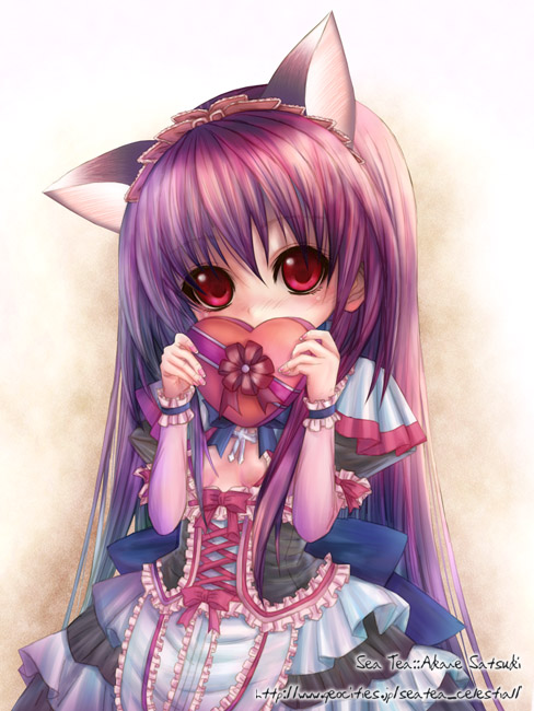 animal_ears blush cat_ears covering_face gift holding_gift lolita_fashion long_hair original purple_hair red_eyes ribbon satsuki_akane solo valentine very_long_hair