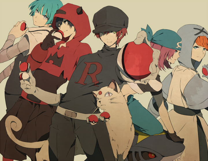 bandanna belt black_hair blue_hair clothes_writing elbow_gloves foreshortening gloves hat holding holding_poke_ball hood motune orange_hair persian poke_ball pokemon pokemon_(game) pokemon_bw pokemon_dppt pokemon_hgss pokemon_rse red_hair redhead sharpedo short_hair simple_background smile team_aqua team_aqua_grunt team_galactic team_galactic_grunt team_magma team_magma_grunt team_plasma team_plasma_grunt team_rocket team_rocket_grunt uniform waist_poke_ball