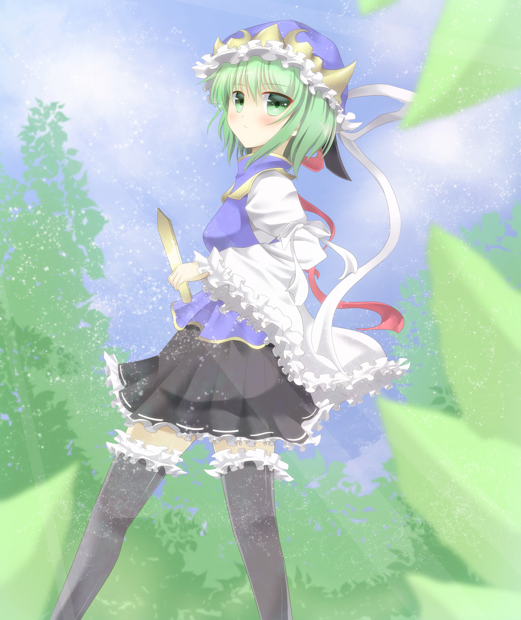 bad_id black_legwear blouse blurry blush breasts cloud clouds depth_of_field frills frown green_eyes green_hair hat hat_ribbon highres leaf light_particles long_sleeves looking_at_viewer pen-zin ribbon rod_of_remorse shikieiki_yamaxanadu short_hair skirt sky thigh-highs thighhighs touhou tree vest wide_sleeves zettai_ryouiki