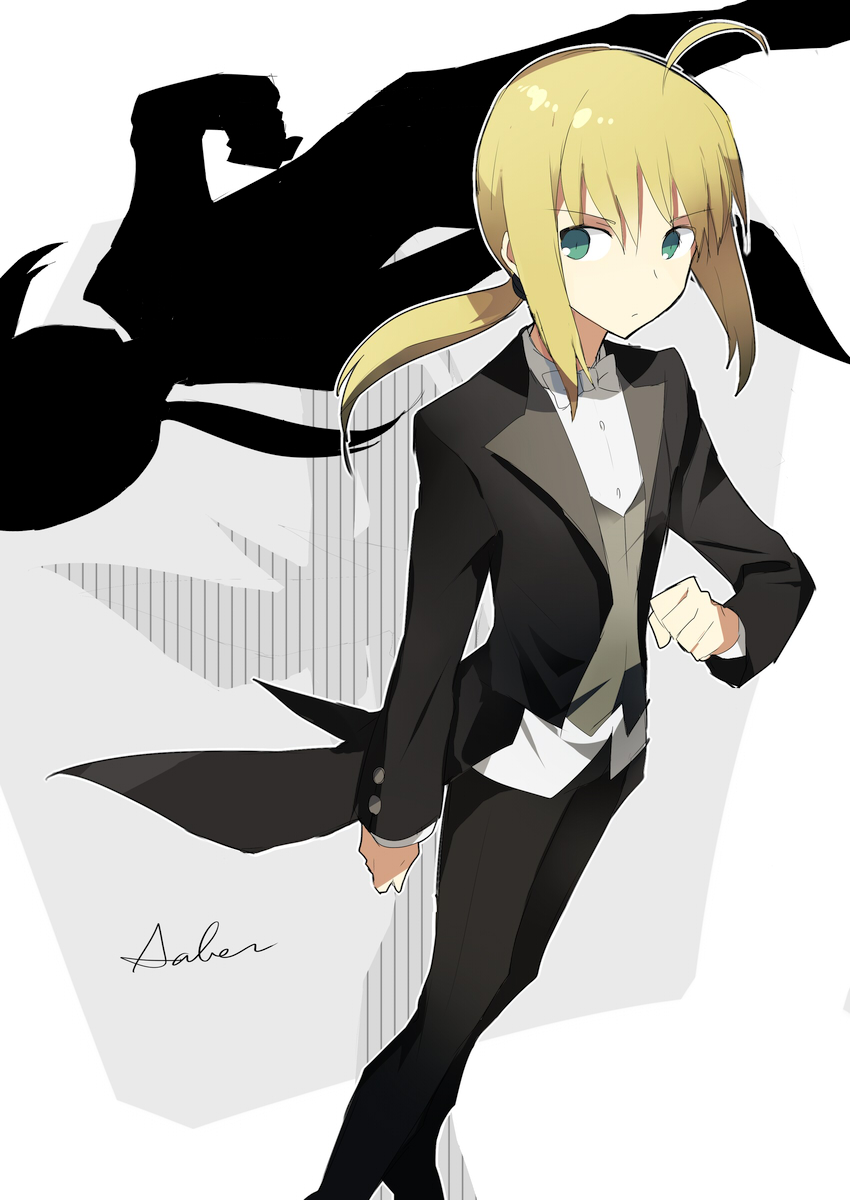 bad_id blonde_hair blue_eyes bowtie character_name fate/zero fate_(series) formal green_eyes highres long_hair long_sleeves megata pant_suit ponytail reverse_trap saber shadow solo suit tuxedo