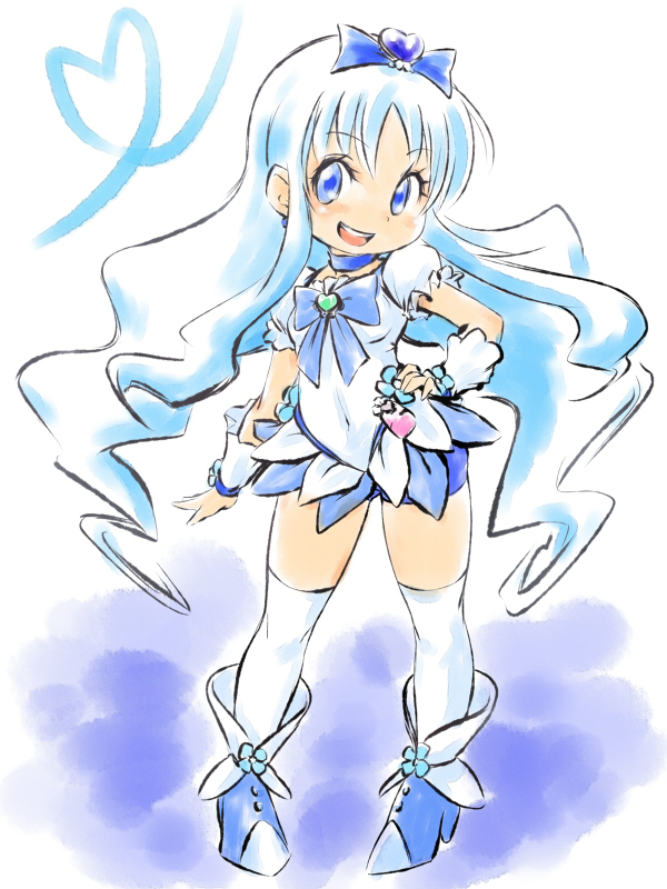 bike_shorts blue_eyes blue_hair bow choker cure_marine hair_ornament hairpin hand_on_hip heart heart_of_string heartcatch_precure! hips kurumi_erika long_hair magical_girl mutsuki_(pixiv116518) precure puffy_sleeves ribbon shoes shorts_under_skirt skirt smile solo thigh-highs thighhighs white_background white_legwear