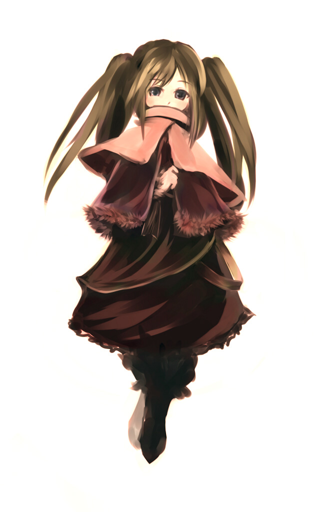 black_eyes blush brown_hair capelet long_hair looking_at_viewer original robe simple_background solo standing suisai twintails white_background