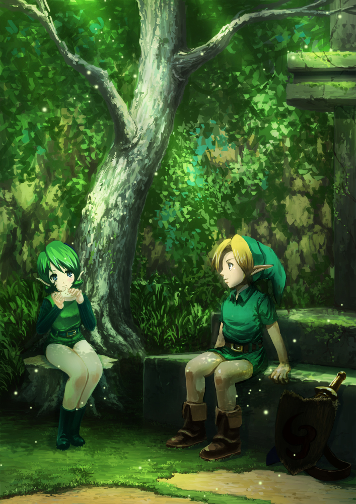 1girl akahige_322-gou belt boots green_eyes green_hair hair_intakes hat instrument link nintendo ocarina ocarina_of_time pantyhose pointy_ears ruins saria shield short_hair sitting stairs sword the_legend_of_zelda tree tunic weapon