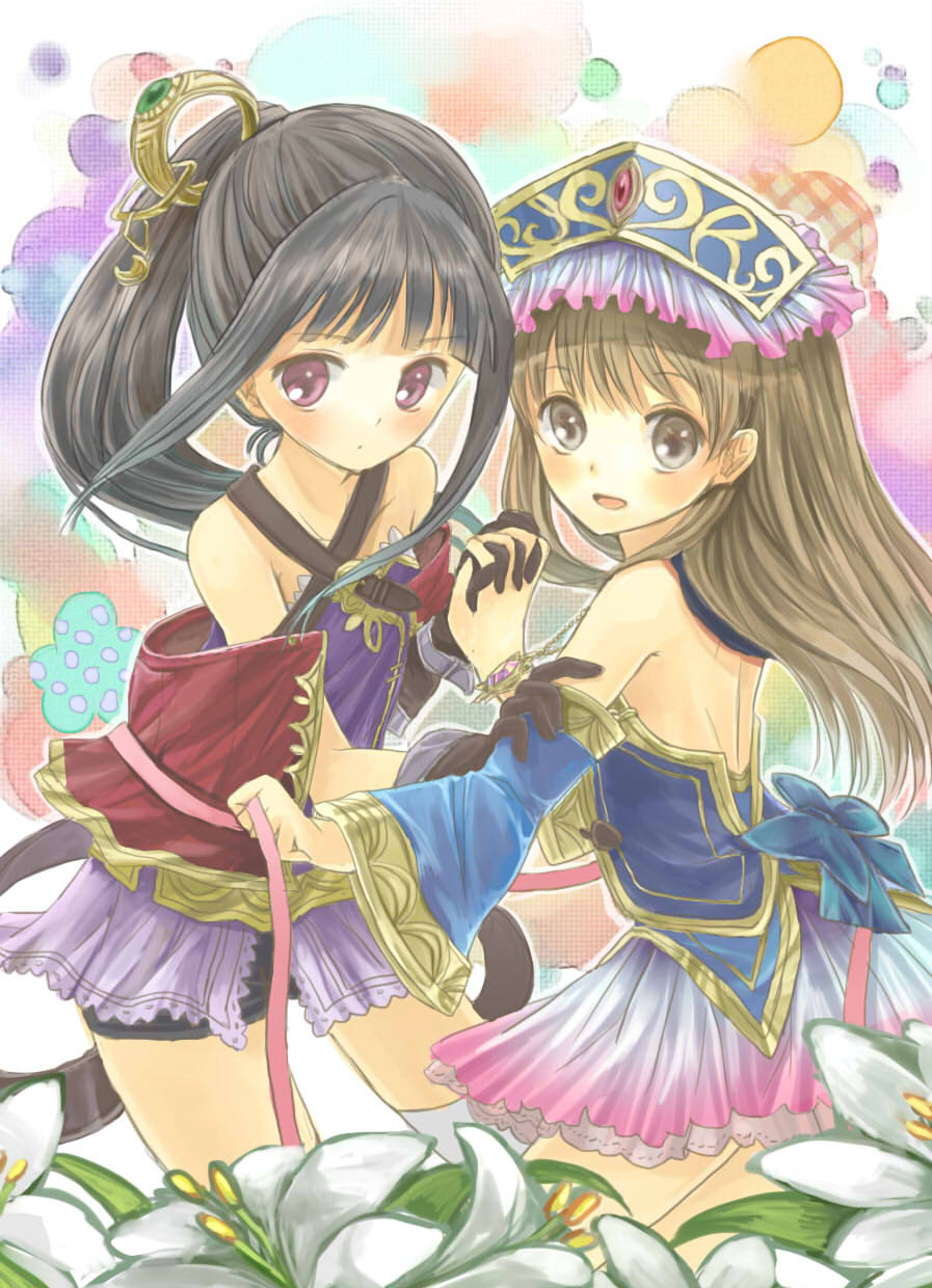 atelier_(series) atelier_meruru atelier_totori bare_shoulders black_hair brown_eyes brown_hair detached_sleeves dress flower hair_ornament hand_holding hat highres holding_hands interlocked_fingers lily_(flower) mimi_houllier_von_schwarzlang multiple_girls okemai ponytail red_eyes ribbon shorts thigh-highs thighhighs totooria_helmold yuri