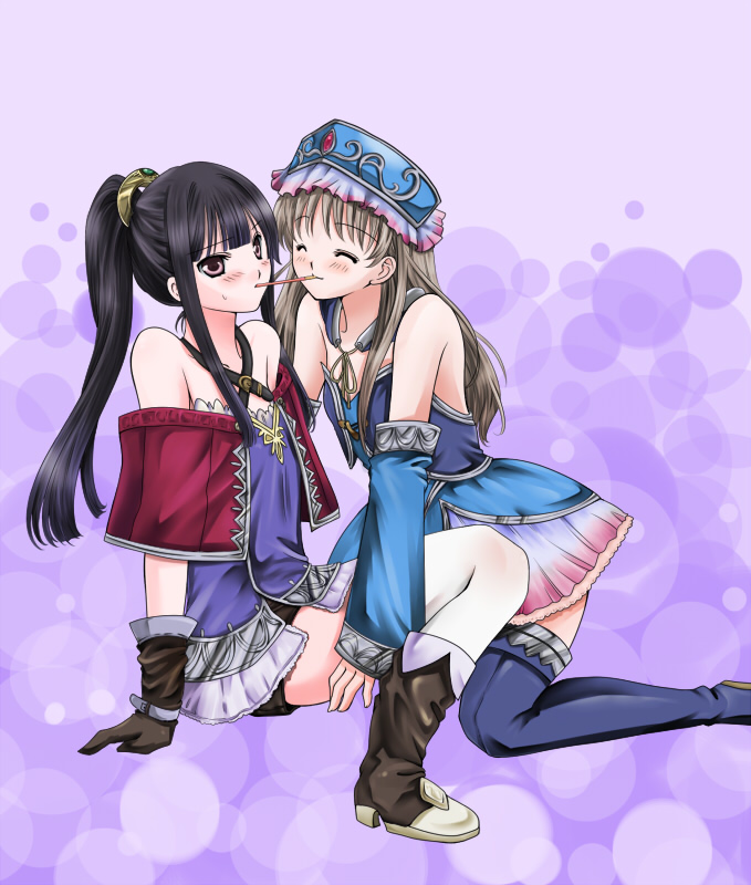 atelier_(series) atelier_meruru atelier_totori bare_shoulders black_hair blush boots brown_eyes brown_hair detached_sleeves dress hair_ornament hat merushi~ mimi_houllier_von_schwarzlang multiple_girls pocky pocky_kiss ponytail shared_food shorts totooria_helmold yuri