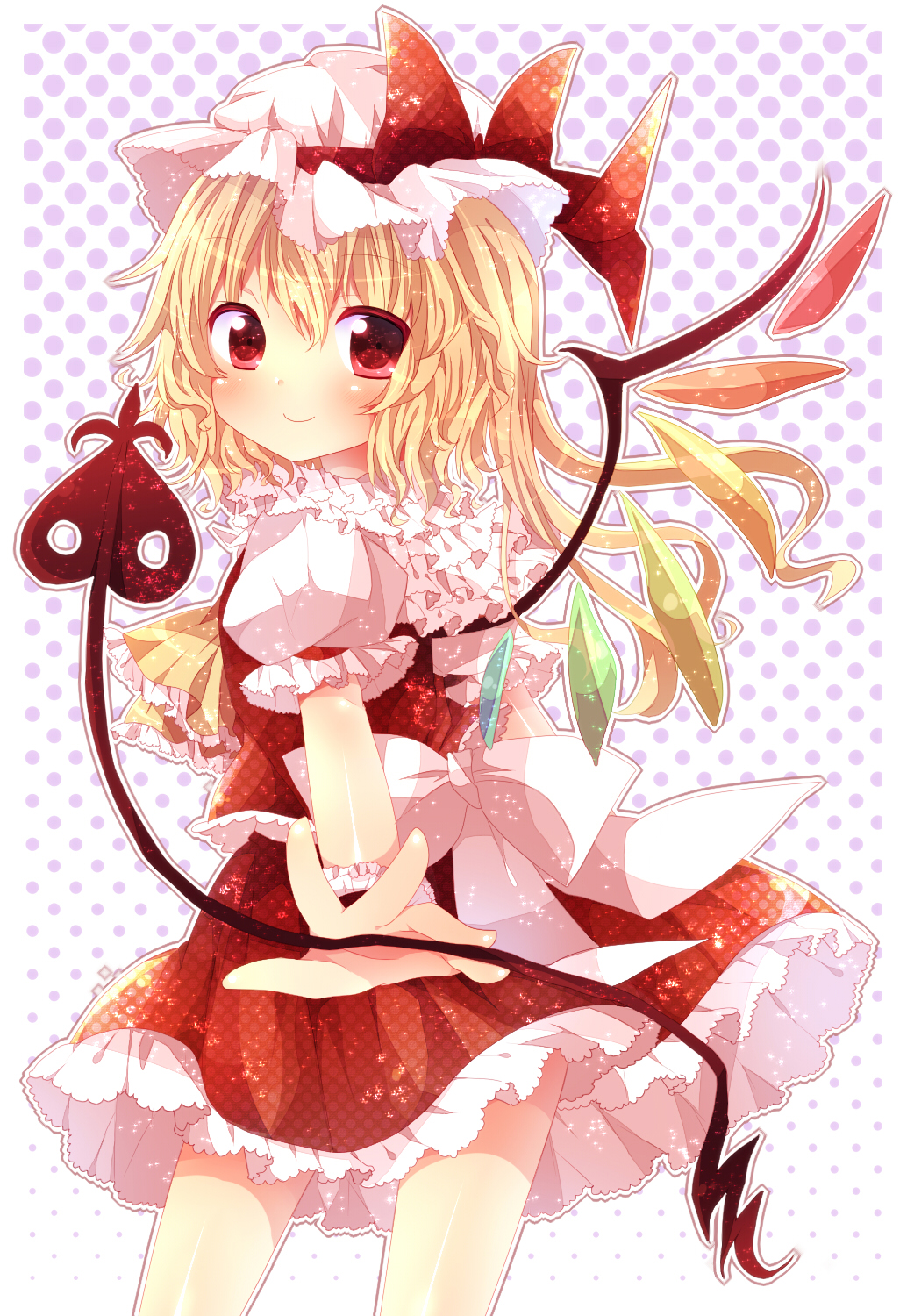 blonde_hair blush flandre_scarlet hat hat_ribbon highres holding looking_at_viewer ranka224 red_eyes ribbon smile solo touhou wings wrist_cuffs