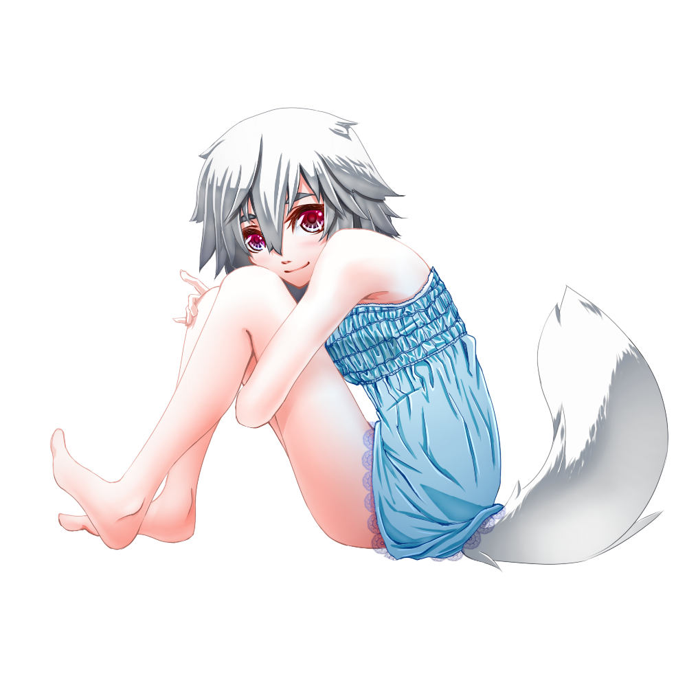 bare_legs bare_shoulders barefoot dress icf inubashiri_momiji leg_hug mazuka_kei red_eyes short_hair simple_background smile solo tail touhou white_background white_hair wolf_tail