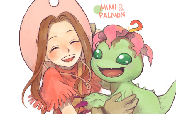 ayame_(artist) blush brown_hair character_name claws closed_eyes cowboy_hat digimon digimon_adventure eyes_closed gloves green_eyes hat long_hair open_mouth palmon sharp_teeth smile tachikawa_mimi