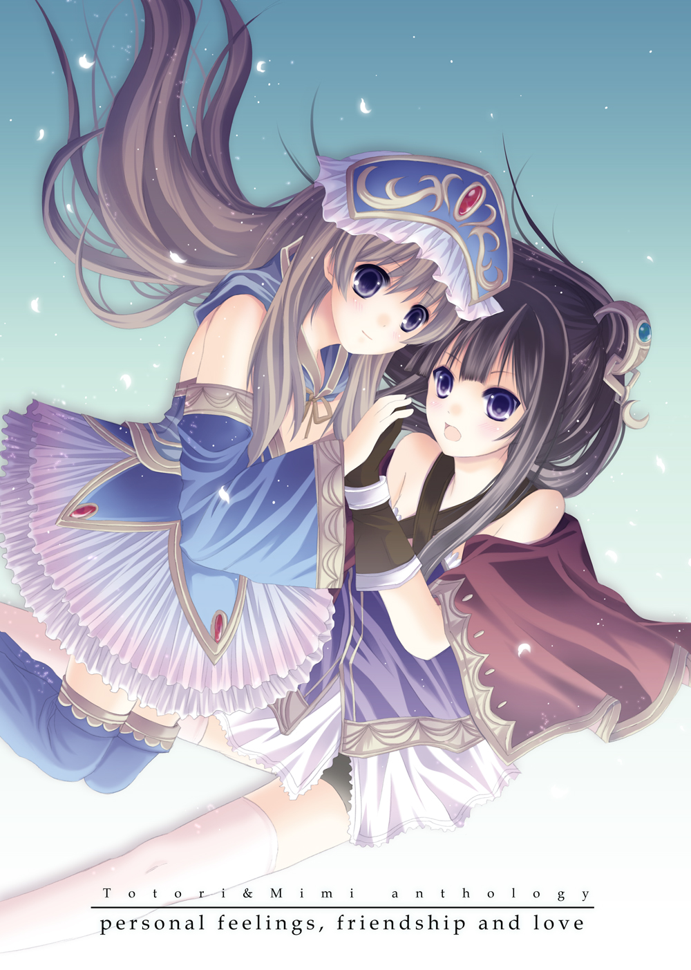 atelier_(series) atelier_meruru atelier_totori bare_shoulders black_hair blue_eyes brown_hair detached_sleeves dress hair_ornament hand_holding hat highres holding_hands mimi_houllier_von_schwarzlang multiple_girls shorts thigh-highs thighhighs tocora totooria_helmold yuri