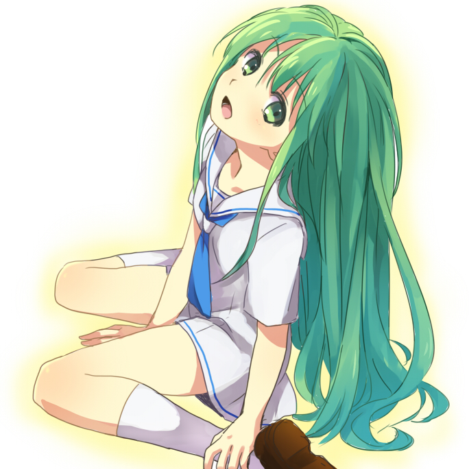 ascot blush crossdressing dress enkidu_(fate/strange_fake) fate/strange_fake fate_(series) green_eyes green_hair long_hair looking_up male open_mouth sanchoume sitting solo trap