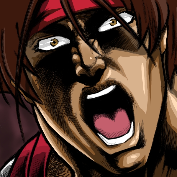 brown_hair headband hokuto_no_ken ika_uemon male manly open_mouth parody rurouni_kenshin sagara_sanosuke solo style_parody teeth tongue yellow_eyes