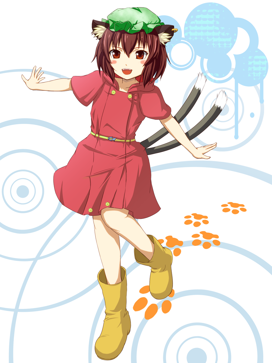 abstract_background alternate_costume animal_ears blush_stickers brown_eyes brown_hair bug_(artist) cat_ears cat_tail chen earrings fangs hat highres jewelry open_mouth outstretched_arms paw_print raincoat rubber_boots smile solo tail touhou