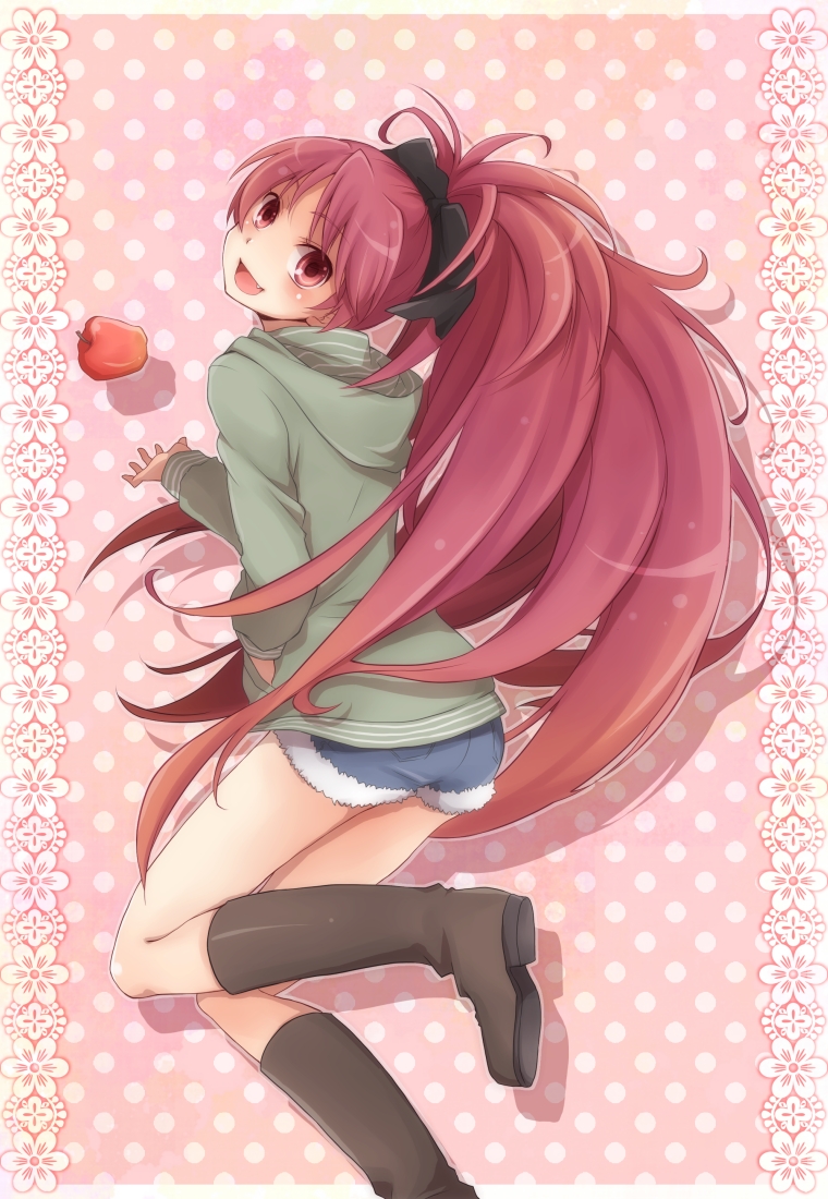 :d apple boots food fruit hand_in_pocket head_tilt kawamura_raichi knee_boots long_hair looking_back mahou_shoujo_madoka_magica open_mouth polka_dot polka_dot_background ponytail red_eyes red_hair redhead sakura_kyouko shaft_look shorts smile solo wide_ponytail