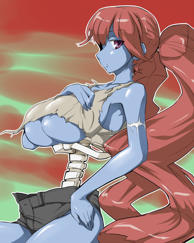 blue_skin bone breasts hand_on_hip hips large_breasts long_hair monster_girl original purple_eyes red_hair redhead scar shorts solo twintails under_boob underboob violet_eyes yasukawa_key zombie zoni-ko