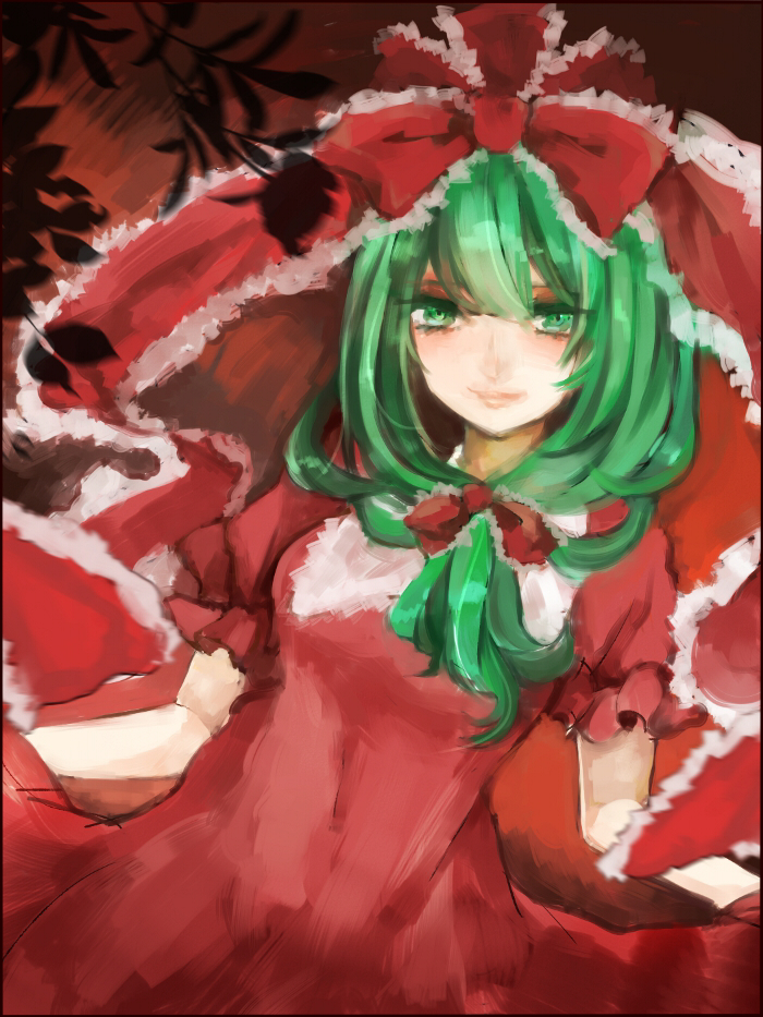bow dress eyelashes faux_traditional_media fes0308 frills front_ponytail green_eyes green_hair hair_bow hair_ornament hair_ribbon kagiyama_hina leaf light_smile lips long_hair looking_at_viewer puffy_sleeves red_background red_dress ribbon shadow short_sleeves smile solo touhou