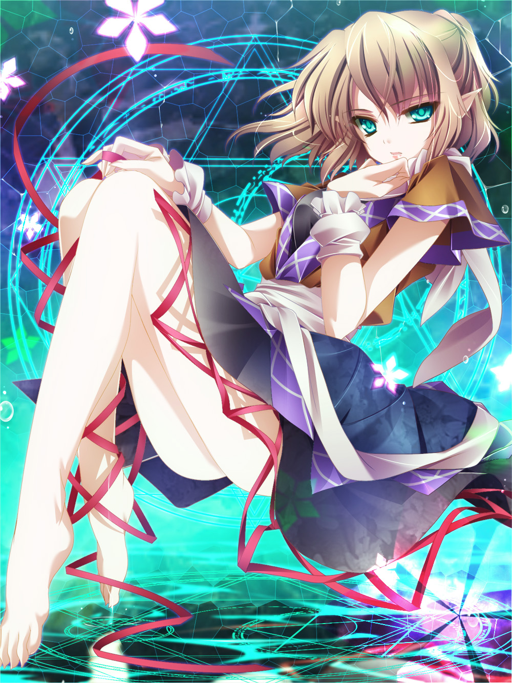 barefoot blonde_hair feet green_eyes highres mizuhashi_parsee moneti_(daifuku) pointy_ears ribbon scarf short_hair skirt solo touhou wrist_cuffs