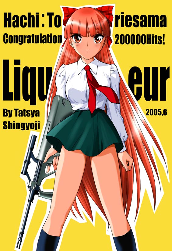 1girl english gun long_hair looking_at_viewer necktie orange_eyes orange_hair shingyouji_tatsuya simple_background skirt solo standing very_long_hair weapon yellow_background