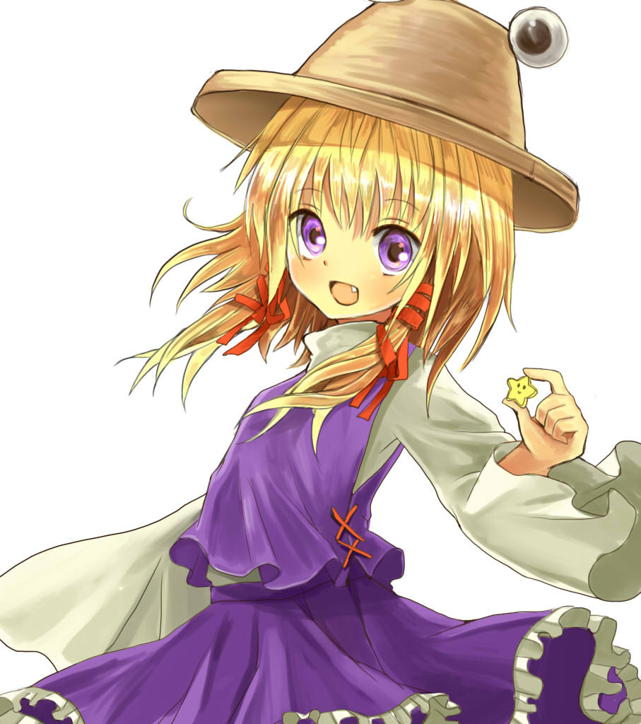 :> arm_up blonde_hair bust fang frills hair_ribbon hat high_collar long_sleeves looking_at_viewer moriya_suwako okemai open_mouth purple_eyes ribbon short_hair simple_background skirt solo star touhou twintails vest violet_eyes white_background wide_sleeves