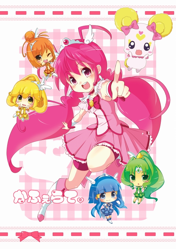 ;d antenna_hair aoki_reika bike_shorts blonde_hair blue_dress blue_eyes blue_hair blush boots bowtie brooch candy_(smile_precure!) chibi choker clenched_hand creature cure_beauty cure_happy cure_march cure_peace cure_sunny double_v dress green_dress green_eyes green_hair hair_bun hair_tubes happy head_wings hino_akane hoshizora_miyuki jewelry kapuchii kise_yayoi long_hair magical_girl midorikawa_nao multiple_girls open_mouth orange_dress orange_eyes orange_hair payot pink_background pink_dress pink_eyes pink_hair plaid plaid_background pointing precure short_hair shorts_under_skirt shy skirt smile smile_precure! tiara v wink wrist_cuffs yellow_dress yellow_eyes