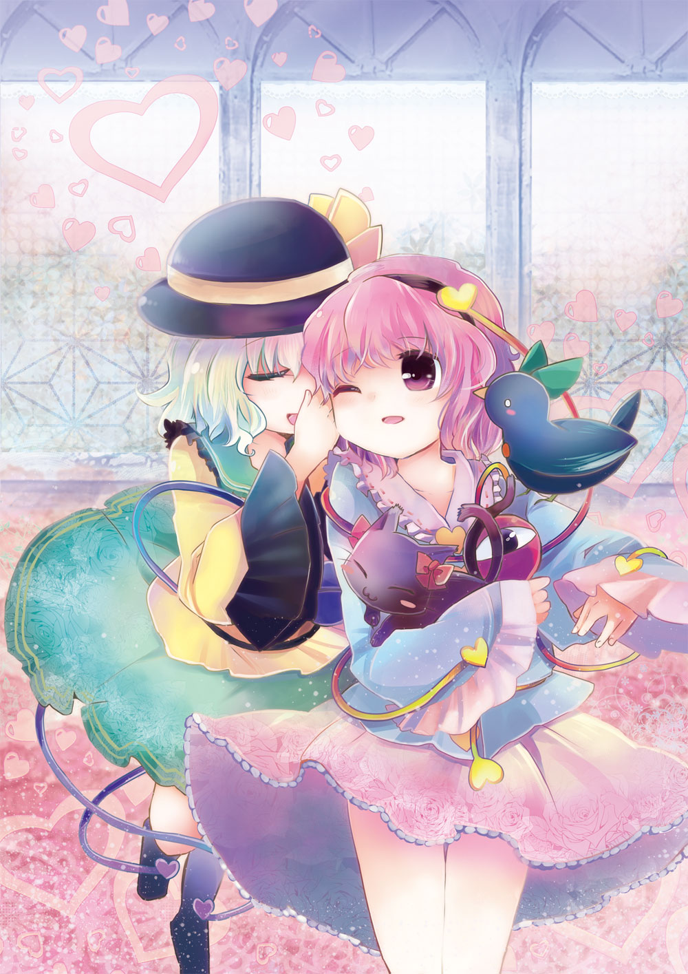 bird cat closed_eyes eyeball eyes_closed hairband hat heart highres kaenbyou_rin kaenbyou_rin_(cat) komeiji_koishi komeiji_satori multiple_girls pink_hair purple_eyes reiuji_utsuho reiuji_utsuho_(bird) short_hair siblings silver_hair sisters skirt smile suzune_yuuji third_eye touhou violet_eyes wink