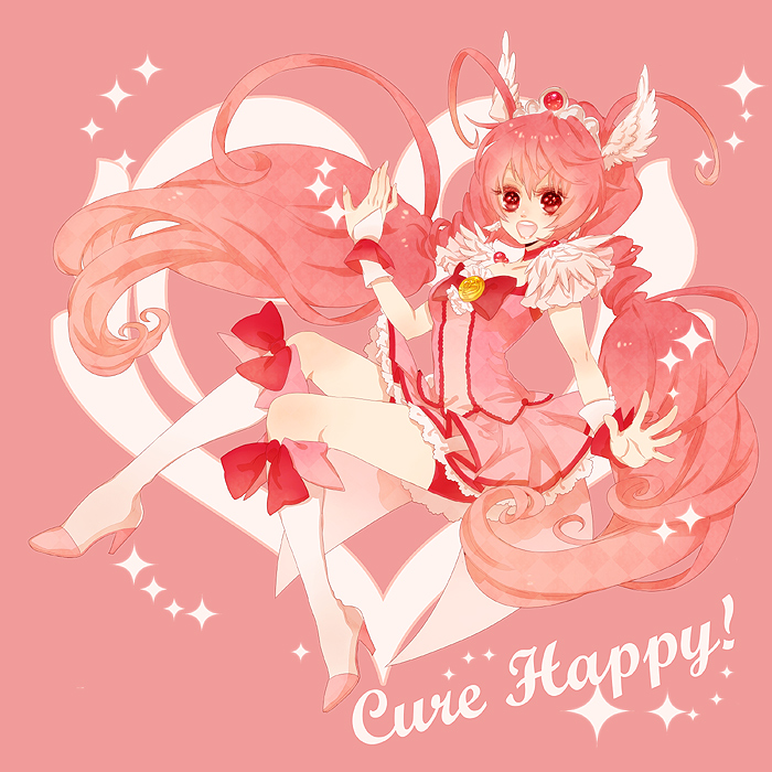 antenna_hair bike_shorts boots bowtie brooch character_name choker cure_happy dress head_wings hoshizora_miyuki jewelry long_hair magical_girl pink pink_background pink_dress pink_eyes pink_hair precure roseria shorts_under_skirt skirt smile smile_precure! solo tiara twintails wrist_cuffs