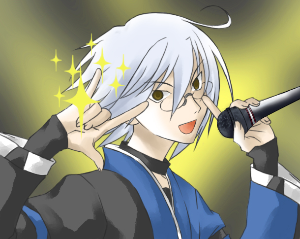 \m/ ahoge brown_eyes choker crossteea fabulous glasses long_sleeves male microphone morichika_rinnosuke open_mouth parody sayonara_zetsubou_sensei seikan_hikou short_hair silver_hair solo sparkle style_parody touhou
