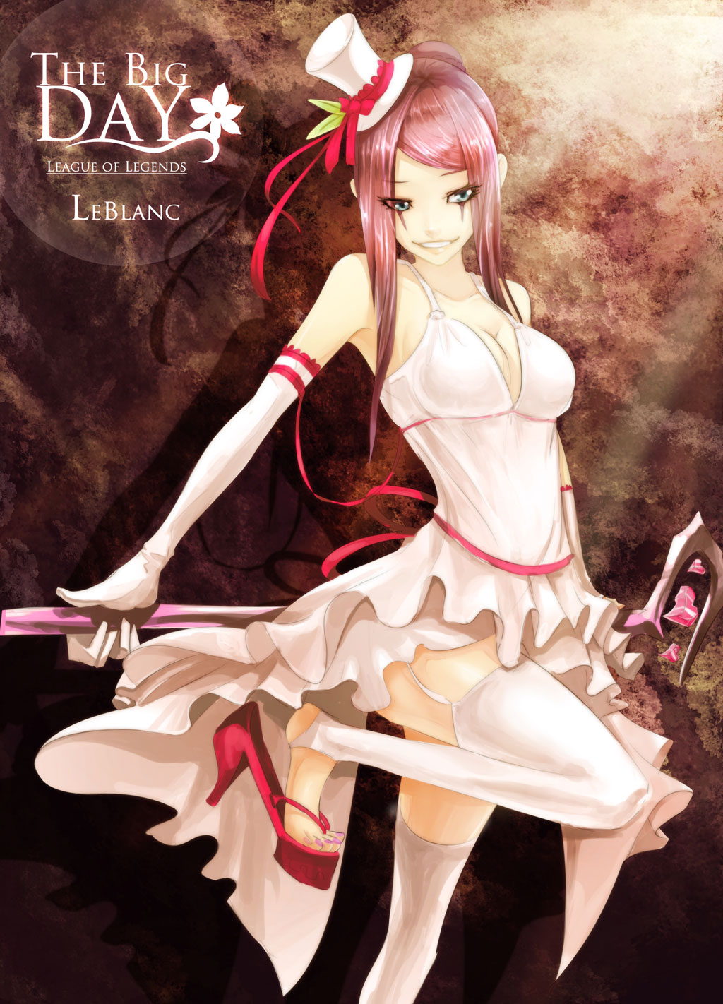 beancurd blue_eyes breasts cleavage dress elbow_gloves emilia_leblanc facial_mark garter_straps garters gloves hat hat_ribbon heart high_heels highres league_of_legends long_hair mini_top_hat open_shoes purple_hair ribbon sandals shoe_dangle shoes smile solo staff thigh-highs thighhighs toenail_polish top_hat