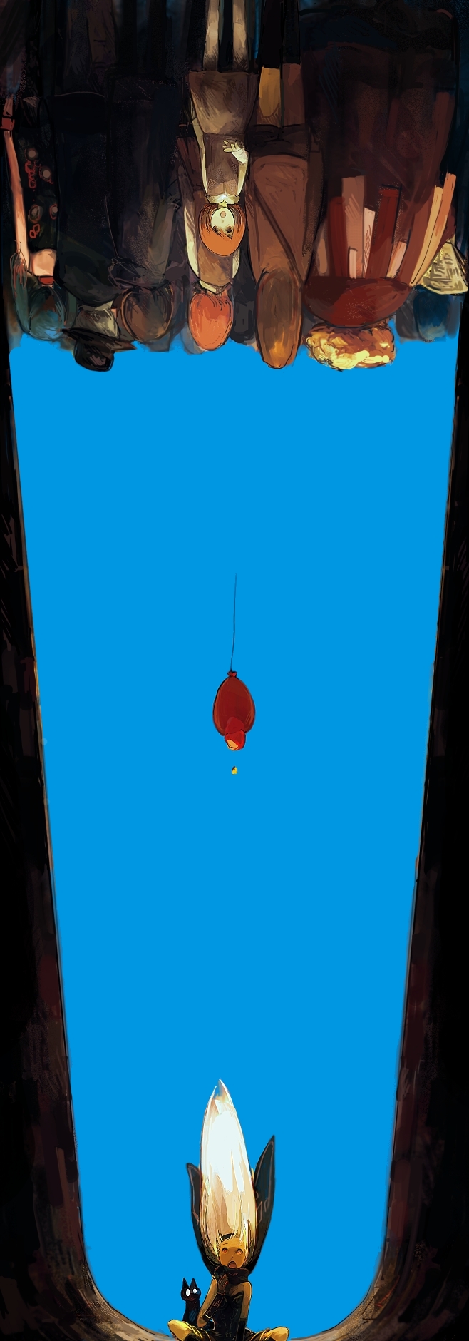 ????? apple balloon bare_shoulders black_cat blonde_hair blue_sky cat crowd dark_skin dusty_(gravity_daze) food fruit gravity_daze hairband highres indian_style kitten_(gravity_daze) leotard long_hair looking_up multiple_girls open_mouth red_eyes red_hair redhead rotated scarf sitting sky upside-down very_long_hair x_(05cd027b) ç¹Âï½»ç¹Âï½»ç¹Âサ・倥・