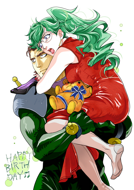 1girl argo_gulskii bad_id bodysuit carrying couple earrings g_gundam glasses green_hair gundam happy_birthday height_difference hug isi88 jewelry long_hair nastasha_zabigov pantyhose ponytail ribbon sheer_legwear short_hair stuffed_animal stuffed_toy teddy_bear