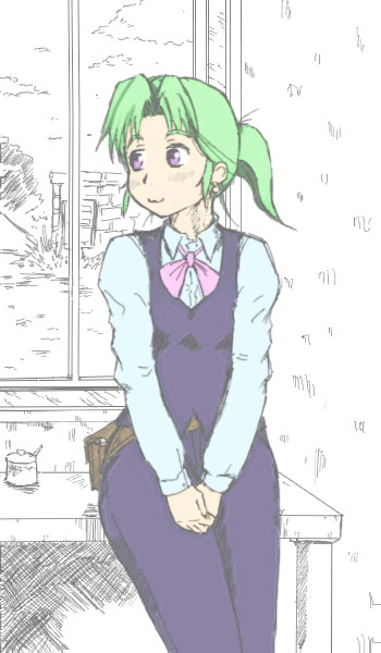 flat_color green_hair hashibami_arata hatsuseno_alpha lavender_eyes leaning_back looking_away mixed_media muted_color ponytail sketch solo vest window yokohama_kaidashi_kikou