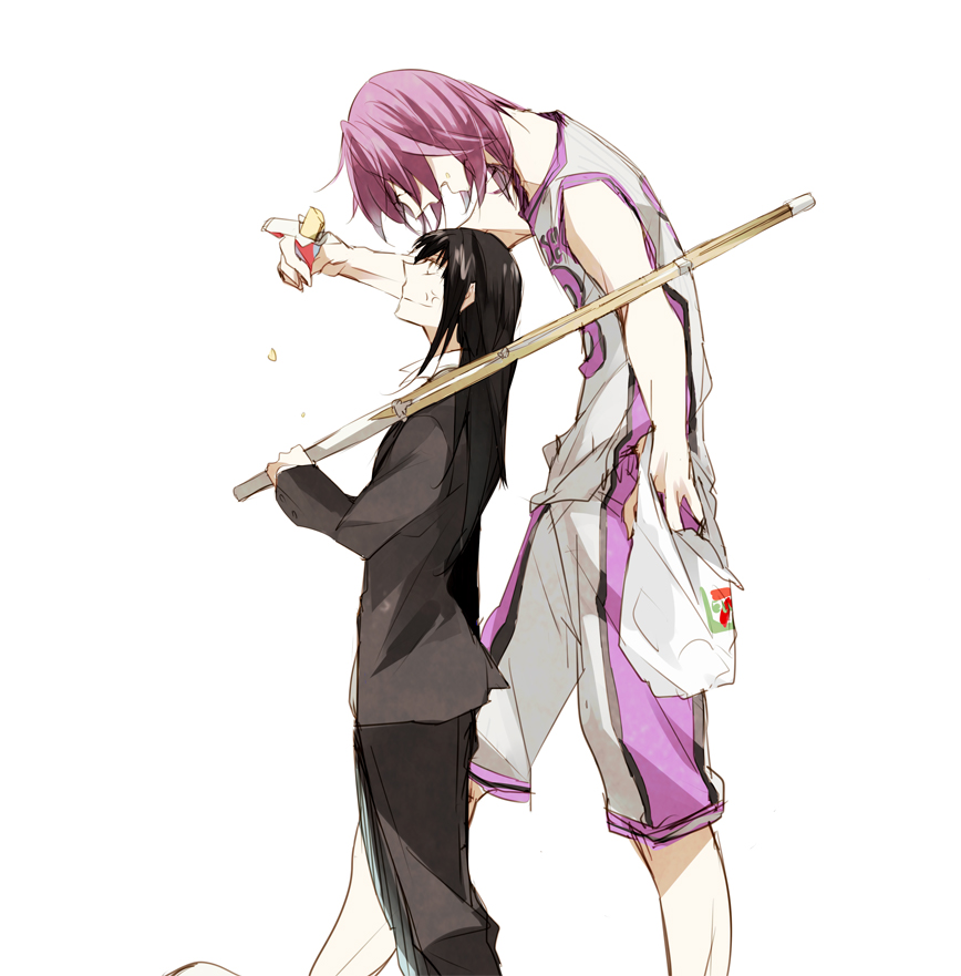 1girl anger_vein araki_masako black_eyes black_hair eating food formal height_difference kuroko_no_basuke long_hair murasakibara_atsushi purple_eyes purple_hair shinai sportswear suit sword violet_eyes weapon yone_(kaguudou)